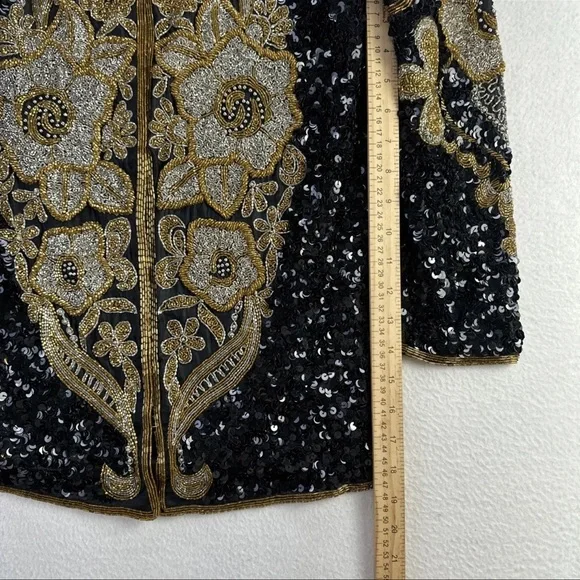 Vintage Night Vogue Black Sequin Silk Jacket Gold Embroidery Formal Sz M - Picture 8 of 10